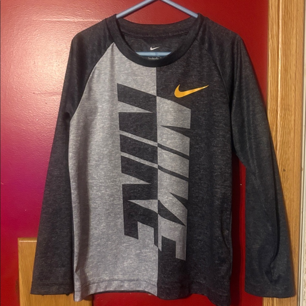 Nike Black and Gray Long Sleeve Tee with Yellow Swoosh